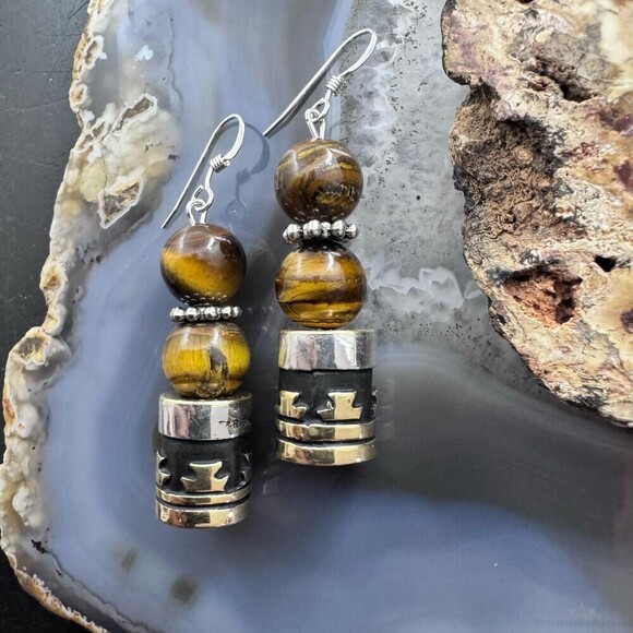 Tommy &Rosita Singer Sterling Silver Tigers Eye Bead Dangle Earrings For Women - Picture 5 of 10